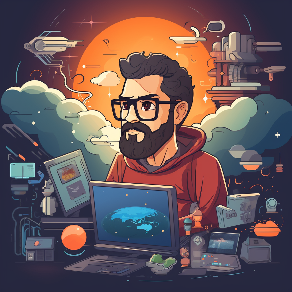 Computer, Electronics, Pc, Art, Painting, Laptop, Person, Face, Glasses, Computer Hardware, Monitor, Comics